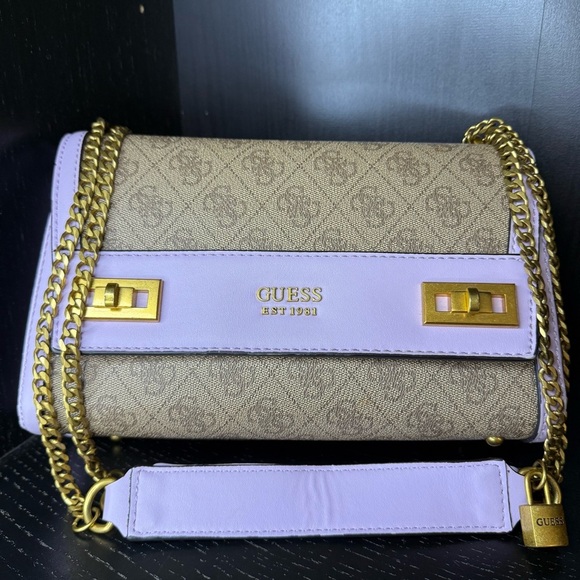 GUESS Katey Flap Shoulder Bag Lilac Rare Quilted Purse Crossbody Lavender Cream - Picture 3 of 15